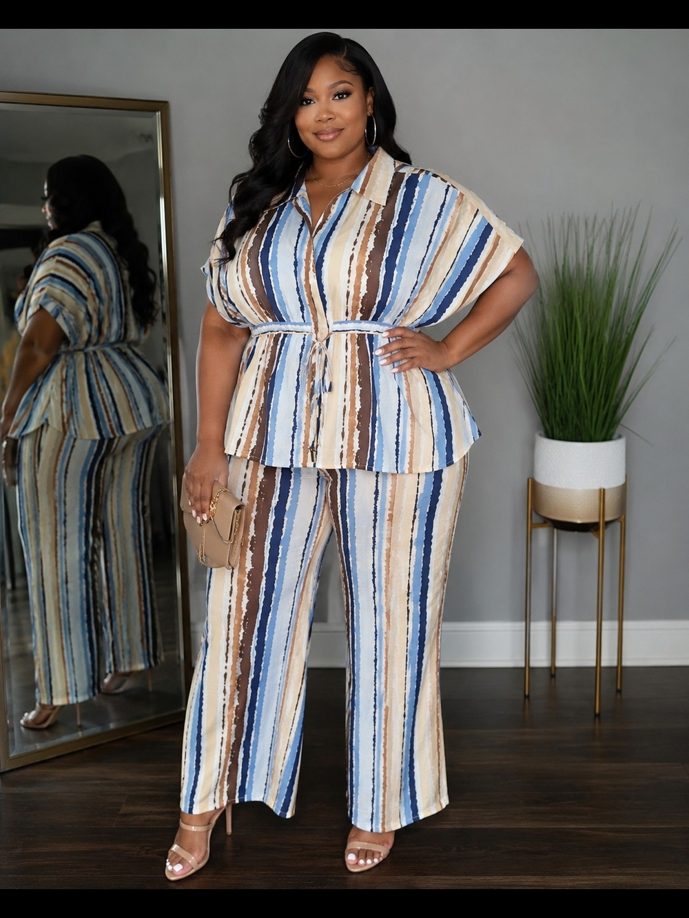 Plus Size Striped Wide-Leg 2pc Set in Blue and Brown